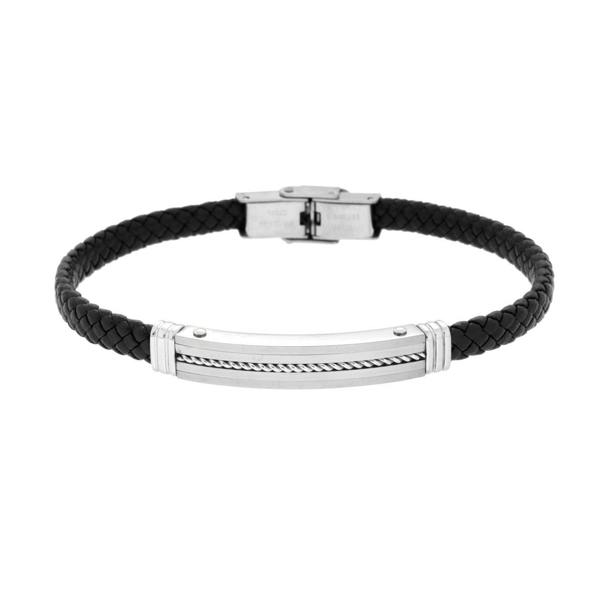 Bracciale Uomo in Ecopelle Intrecciata Nero con Targa con Corda in ACCIAIO<BR>