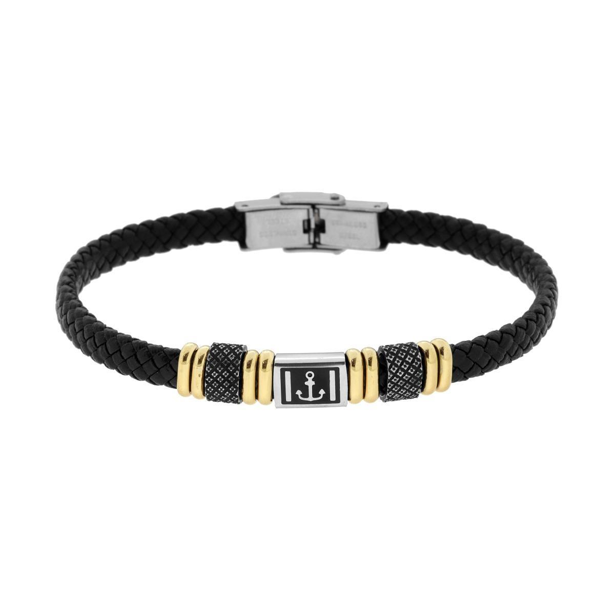Bracciale Uomo in Ecopelle Intrecciata Nero con Accessori colore Oro e Brunito e Soggetto Ancora in ACCIAIO<BR>