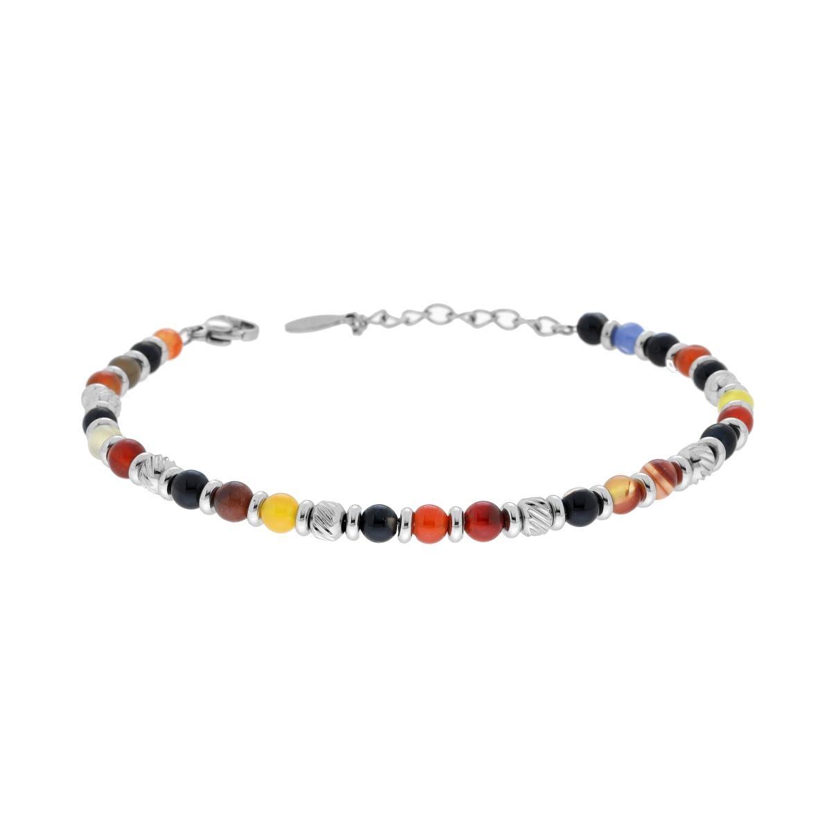 Bracciale Catena con Cilindri Diamantati alternati a Pietre Multicolor in ACCIAIO <BR>
