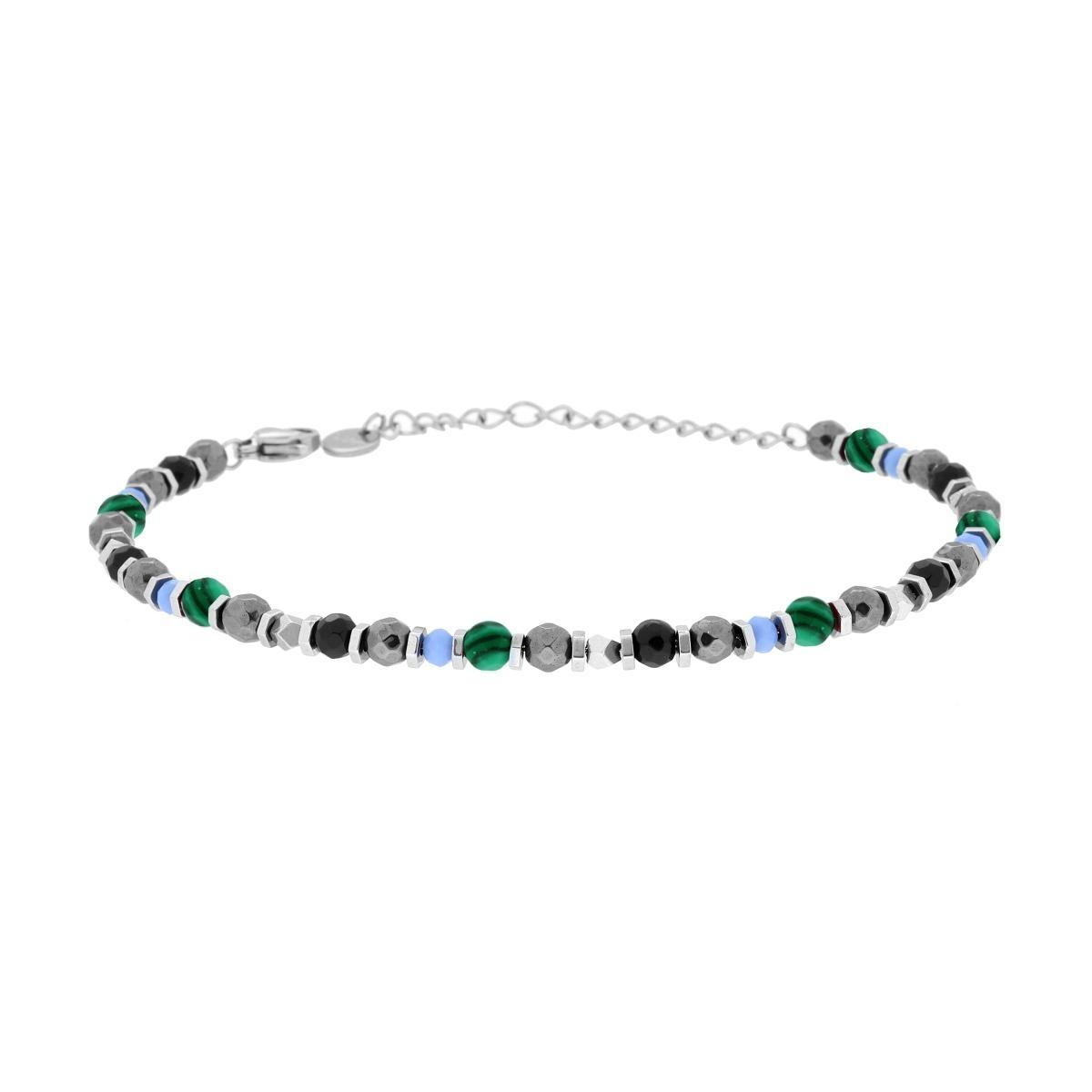 Bracciale Catena con Bulloncini alternati a Pietre Verde Malachite e Multicolor in ACCIAIO <BR>
