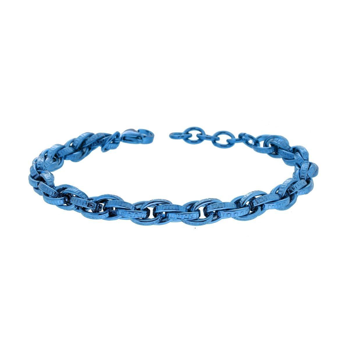 Bracciale Catena Forzatina Multimaglia con Decoro Greco in ACCIAIO colore Blu<BR>