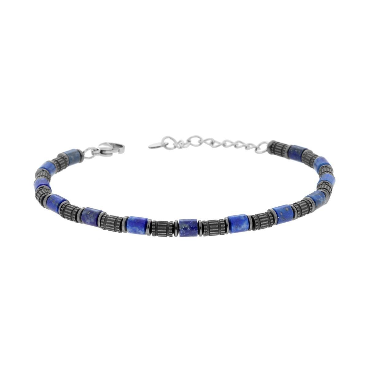 Bracciale Catena con Cilindri Bruniti e Pietre Blu Lapislazzuli in ACCIAIO<BR>