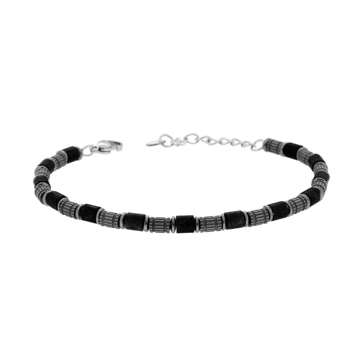Bracciale Catena con Cilindri Bruniti e Pietre Onice Nero in ACCIAIO<BR>