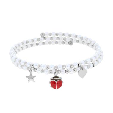 Bracciale Semirigido con Perle Palline e Stella Cuore e Coccinella pendenti con Smalto Rosso in ACCIAIO