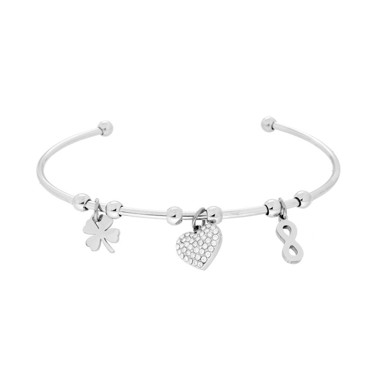 Bracciale filo Rigido con Cuore Quadrifoglio Infinito pendenti e Crystal Bianchi in ACCIAIO <BR>