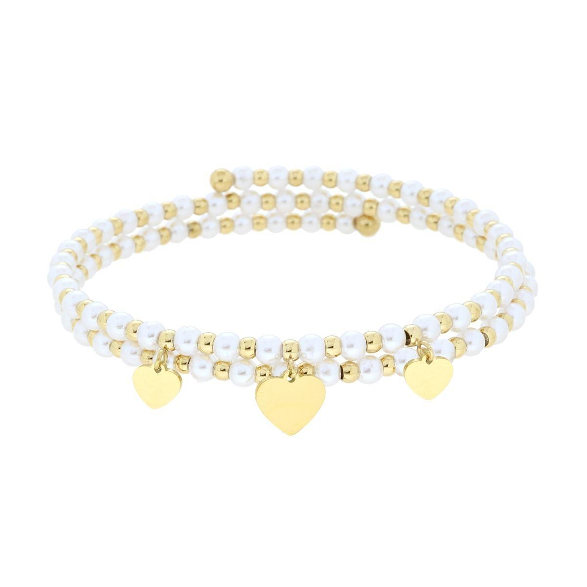 Bracciale Semirigido con Perle Palline e Cuori plain pendenti in ACCIAIO colore Oro<BR>
