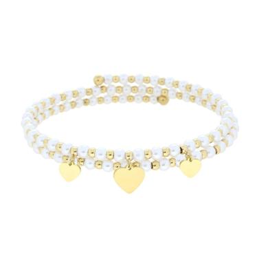 Bracciale Semirigido con Perle Palline e Cuori plain pendenti in ACCIAIO colore Oro<BR>