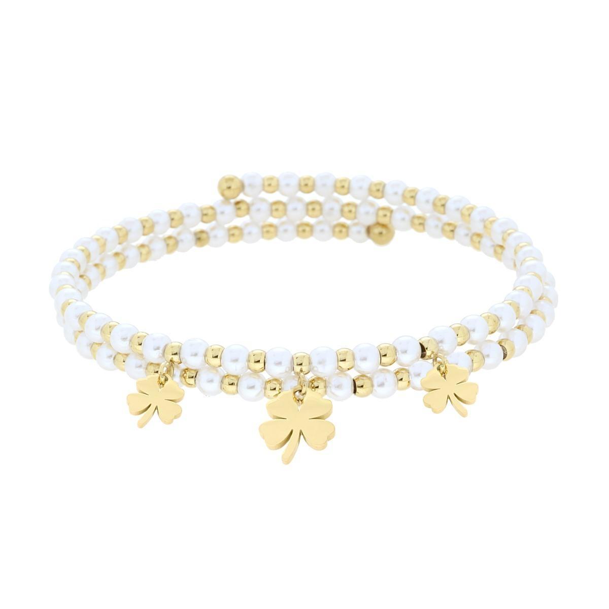 Bracciale Semirigido con Perle Palline e Quadrifogli plain pendenti in ACCIAIO colore Oro<BR>