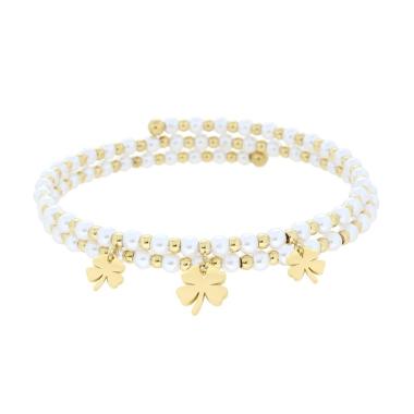 Bracciale Semirigido con Perle Palline e Quadrifogli plain pendenti in ACCIAIO colore Oro<BR>