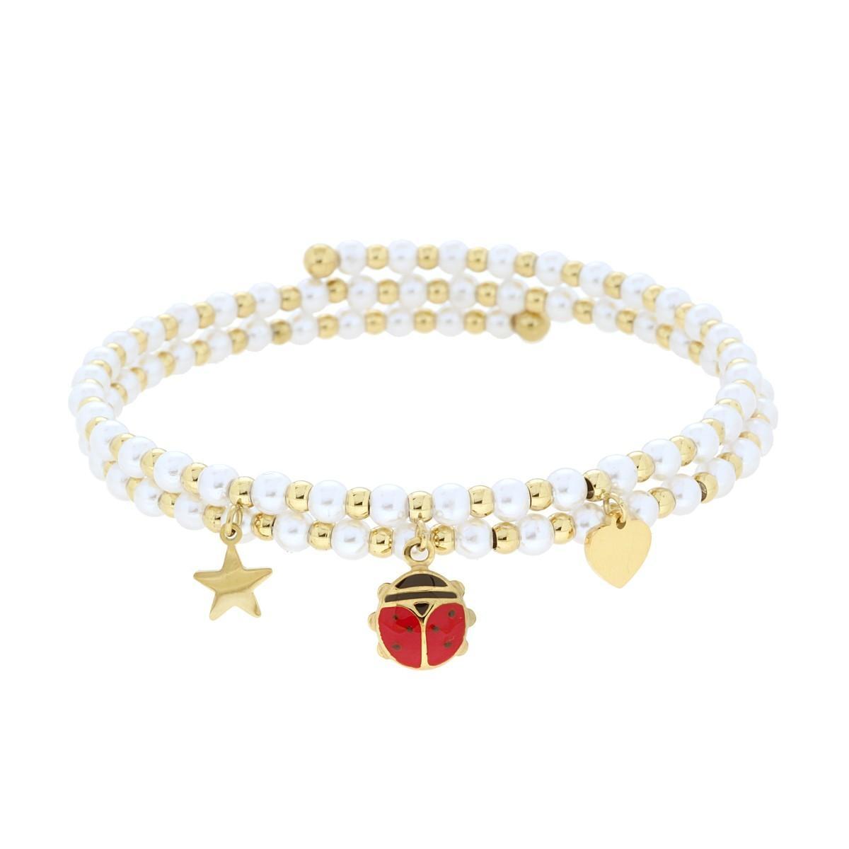 Bracciale Semirigido con Perle Palline e Stella Cuore e Coccinella pendenti con Smalto Rosso in ACCIAIO colore Oro<BR>