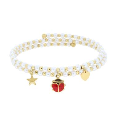 Bracciale Semirigido con Perle Palline e Stella Cuore e Coccinella pendenti con Smalto Rosso in ACCIAIO colore Oro<BR>