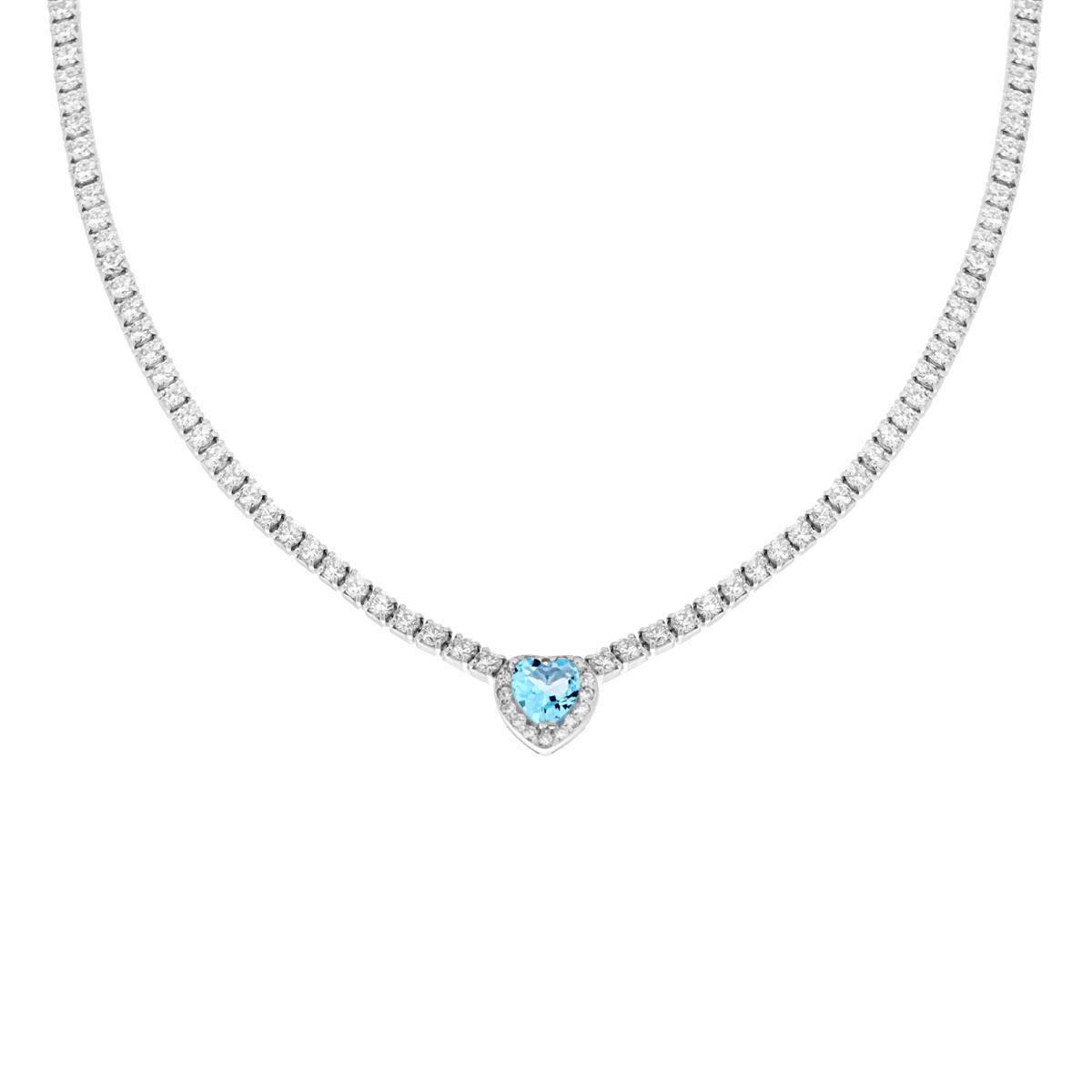 Collana Tennis Griffe cm 40+5 con Zirconi Bianchi con Zircone Cuore centrale Acquamarina contornato da Zirconi Bianchi in ARGENTO 925 Galvanica Rodio