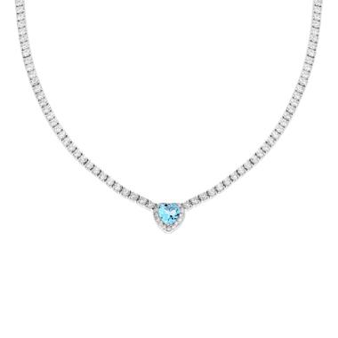 Collana Tennis Griffe cm 40+5 con Zirconi Bianchi con Zircone Cuore centrale Acquamarina contornato da Zirconi Bianchi in ARGENTO 925 Galvanica Rodio