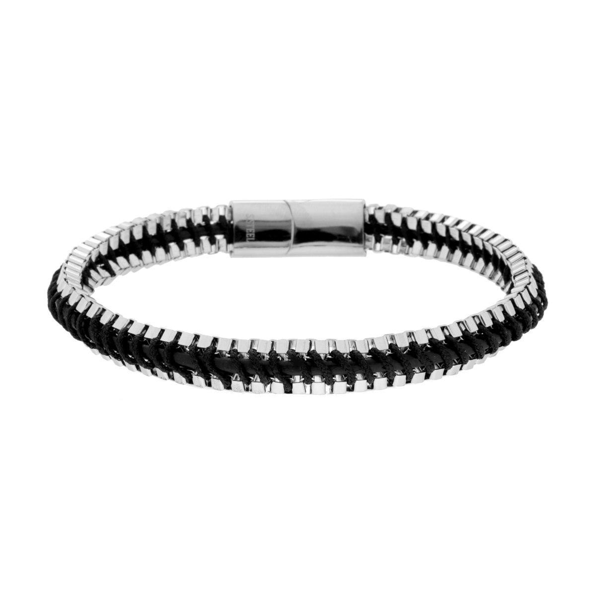 Bracciale Uomo in Ecopelle Nero e Catene Veneziane intrecciate in ACCIAIO <BR>