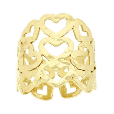 Anello Fascia con Cuori Martellati in ACCIAIO colore Oro<BR>