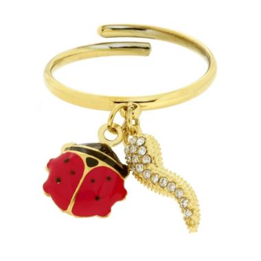 Anello con Pendenti Coccinella e Corno con Smalto Rosso e Crystal Bianchi in ACCIAIO colore Oro<BR>