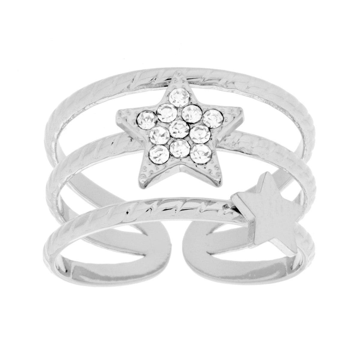 Anello Fascia Tre fili con Stella e Crystal Bianchi in ACCIAIO
