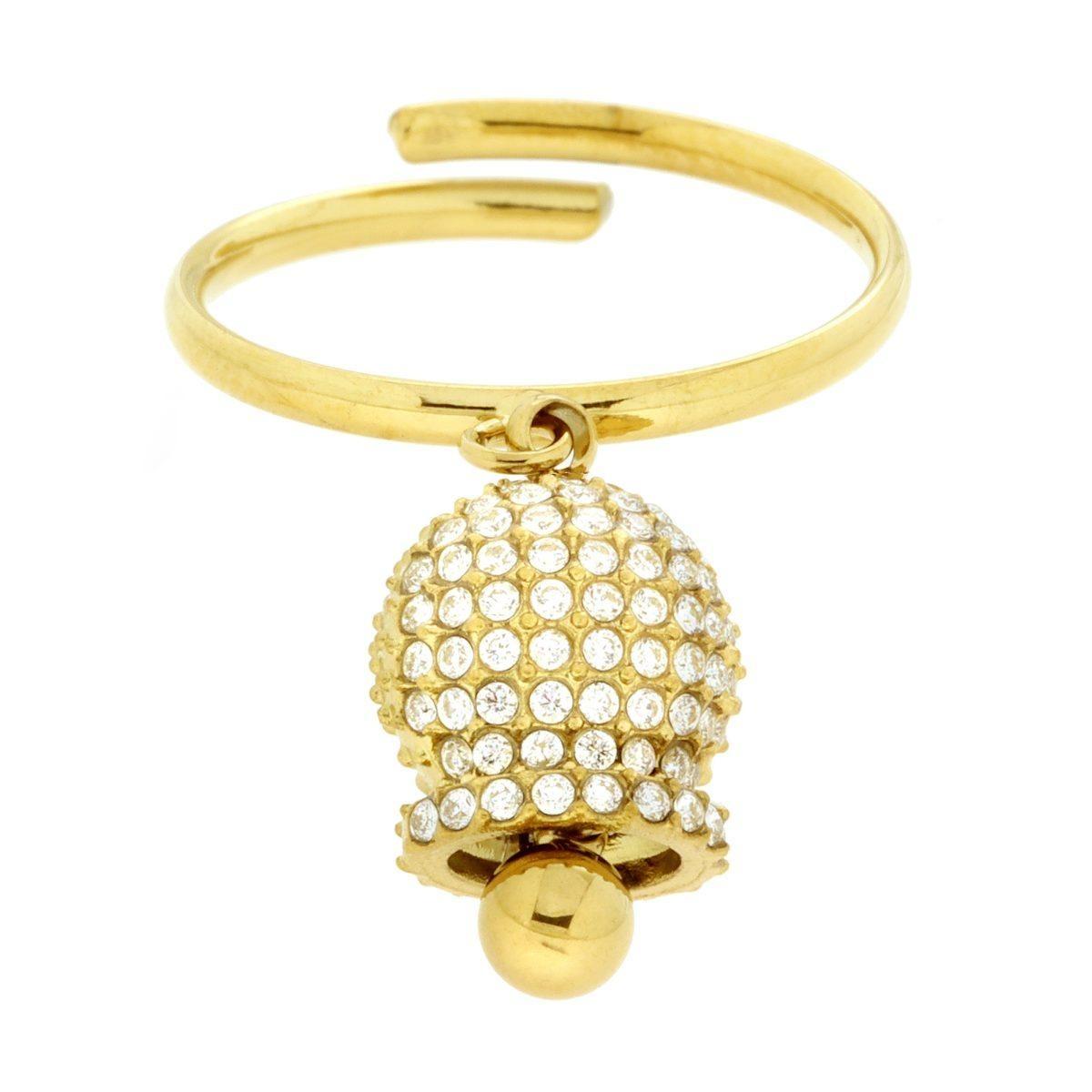 Anello con Pendente Campanella con Crystal Bianchi in ACCIAIO colore Oro<BR>
