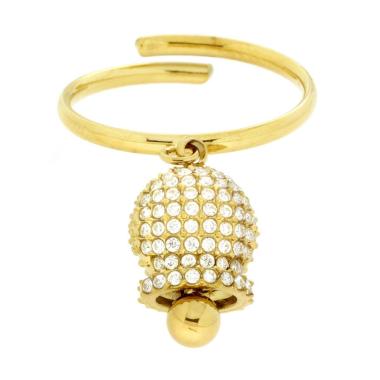 Anello con Pendente Campanella con Crystal Bianchi in ACCIAIO colore Oro<BR>
