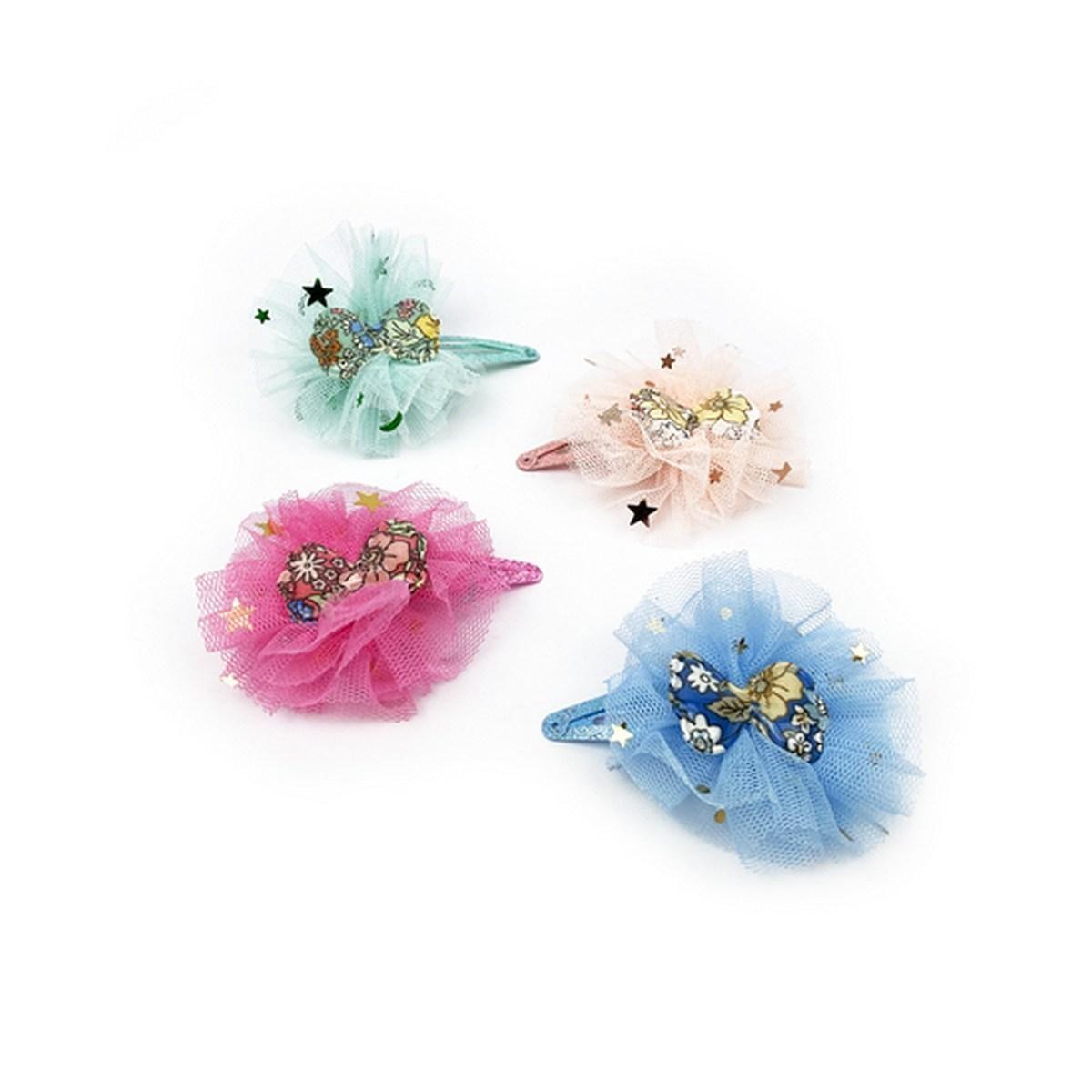 Fermaglio clic clac per capelli con tulle e fiocco in pvc stampa floreale