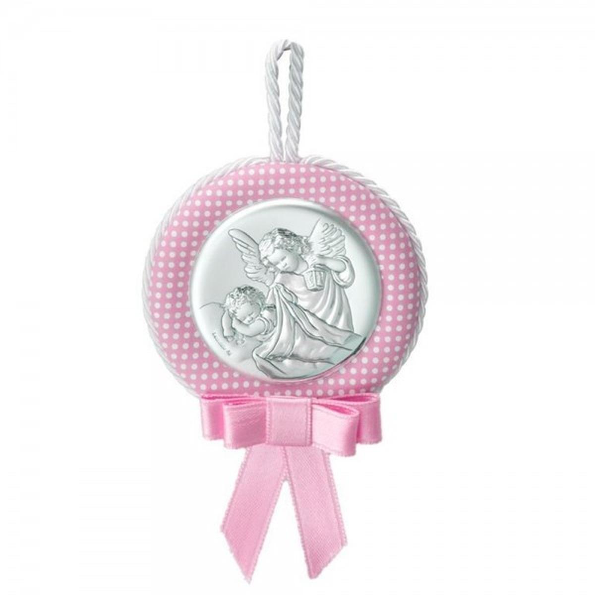 Medaglione Valenti culla 10x9 cm con carillon Angelo custode rosa