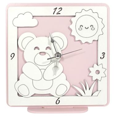 Orologio grande in legno da tavolo orso rosa bimba 17,5x17 cm