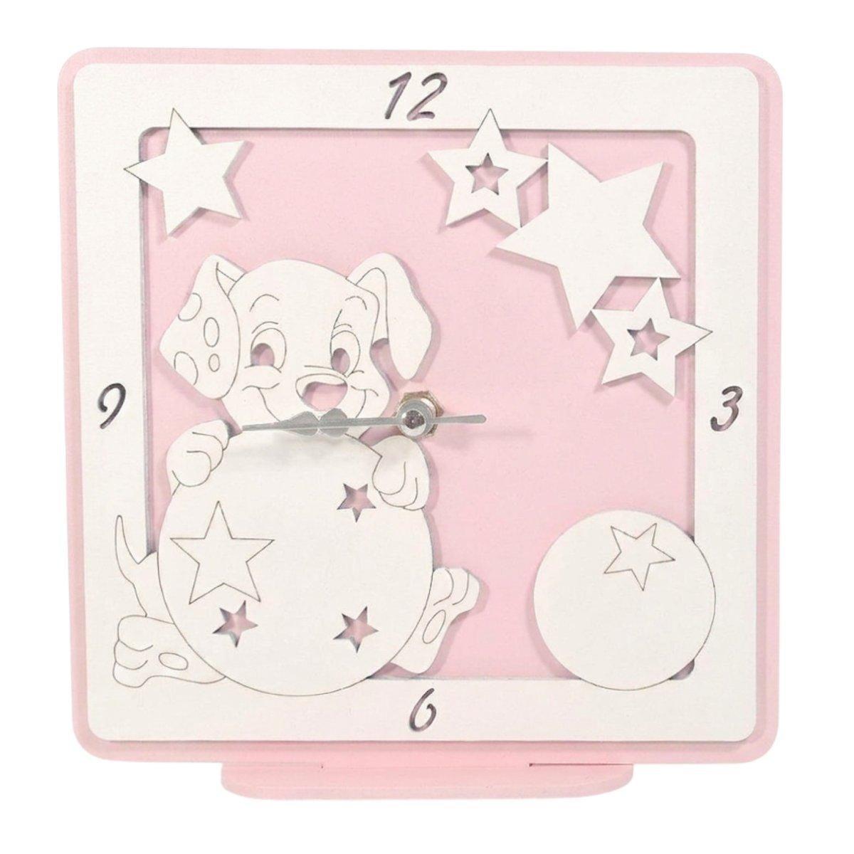 Orologio grande in legno da tavolo cane rosa bimba 17,5x17 cm
