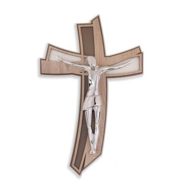Cristo crocifisso stilizzato argento su croce curva olmo grigio 46x30 cm Femiano