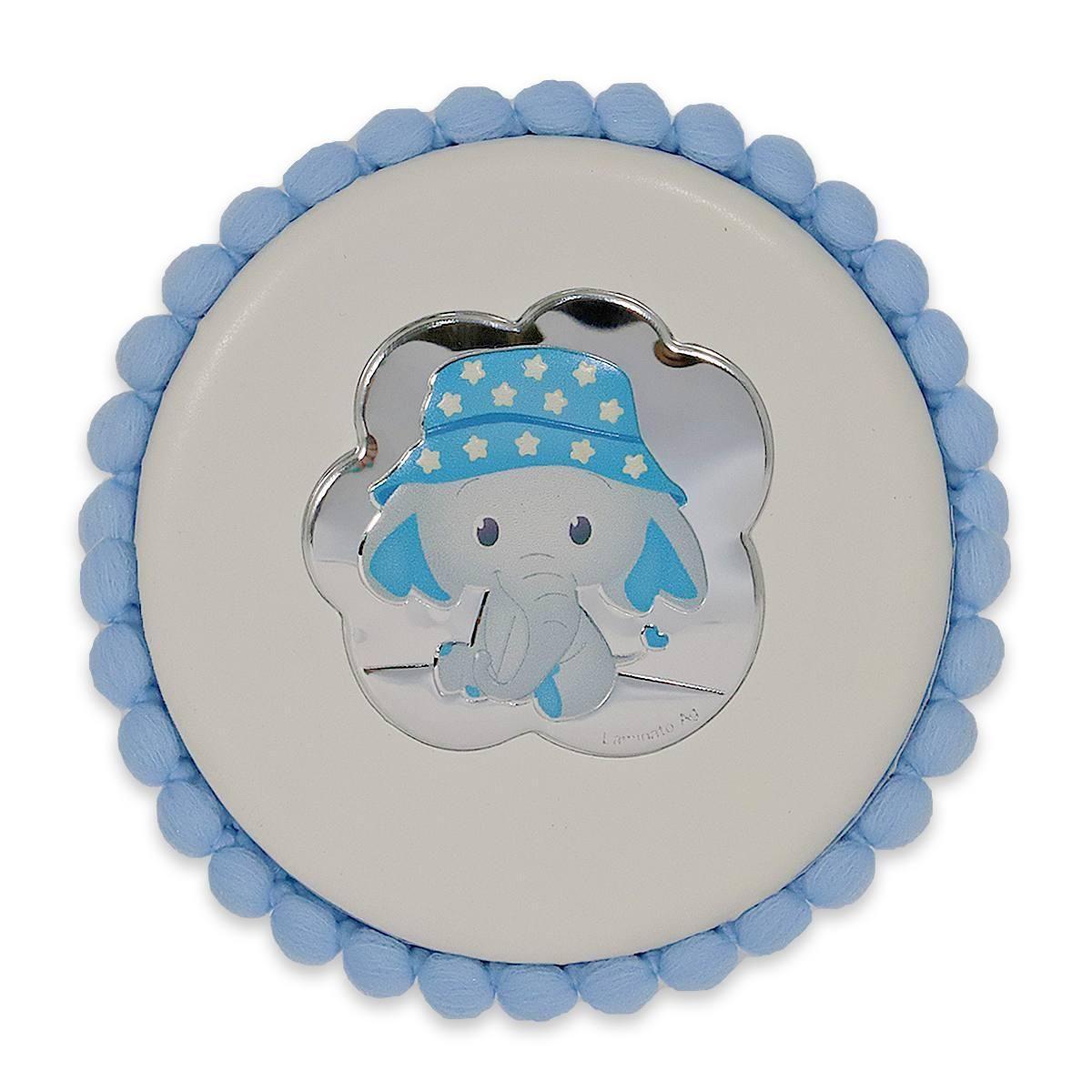Medaglione tondo 10 cm con pon pon e carillon elefantino baby dream Celeste